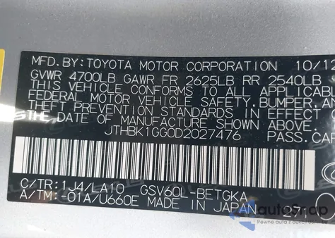 2013 Lexus Es 350 from USA, damaged, VIN JTHBK1GG0D2027476